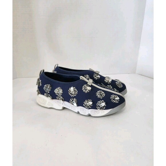 Dior Navy Blue Mesh Fusion Embellished Slip On Sneakers Size 38 With Box - Picture 1 of 10